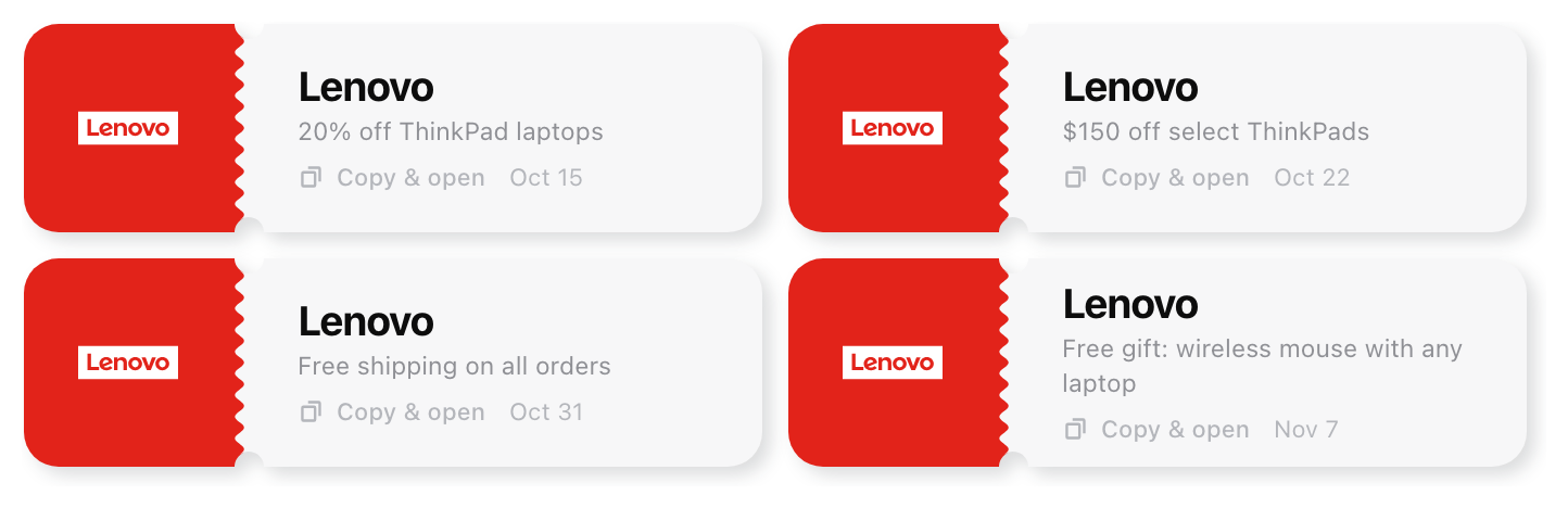 Varias tarjetas de PandaCoupons de la misma tienda, cada una con una oferta distinta y un botón para copiar.